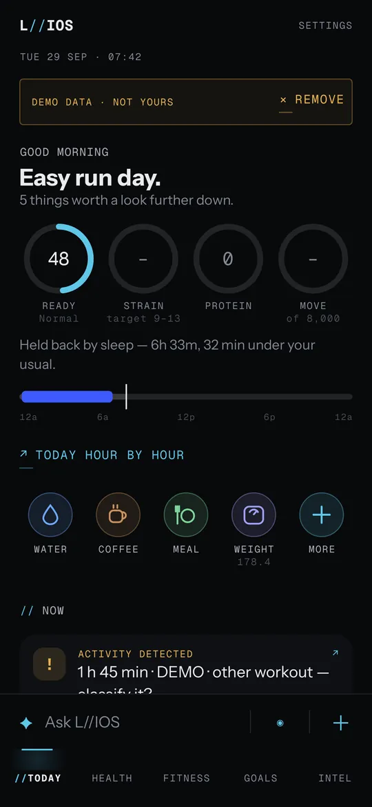 L//IOS Mobile Today screen with readiness rings and the next session, labelled demo data